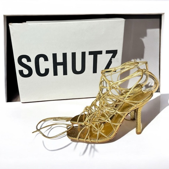 🌻 Schutz Strappy Gold Leather Snake Embossed Heyde Heels Size 8 + Box / Dust Bag - Picture 12 of 15